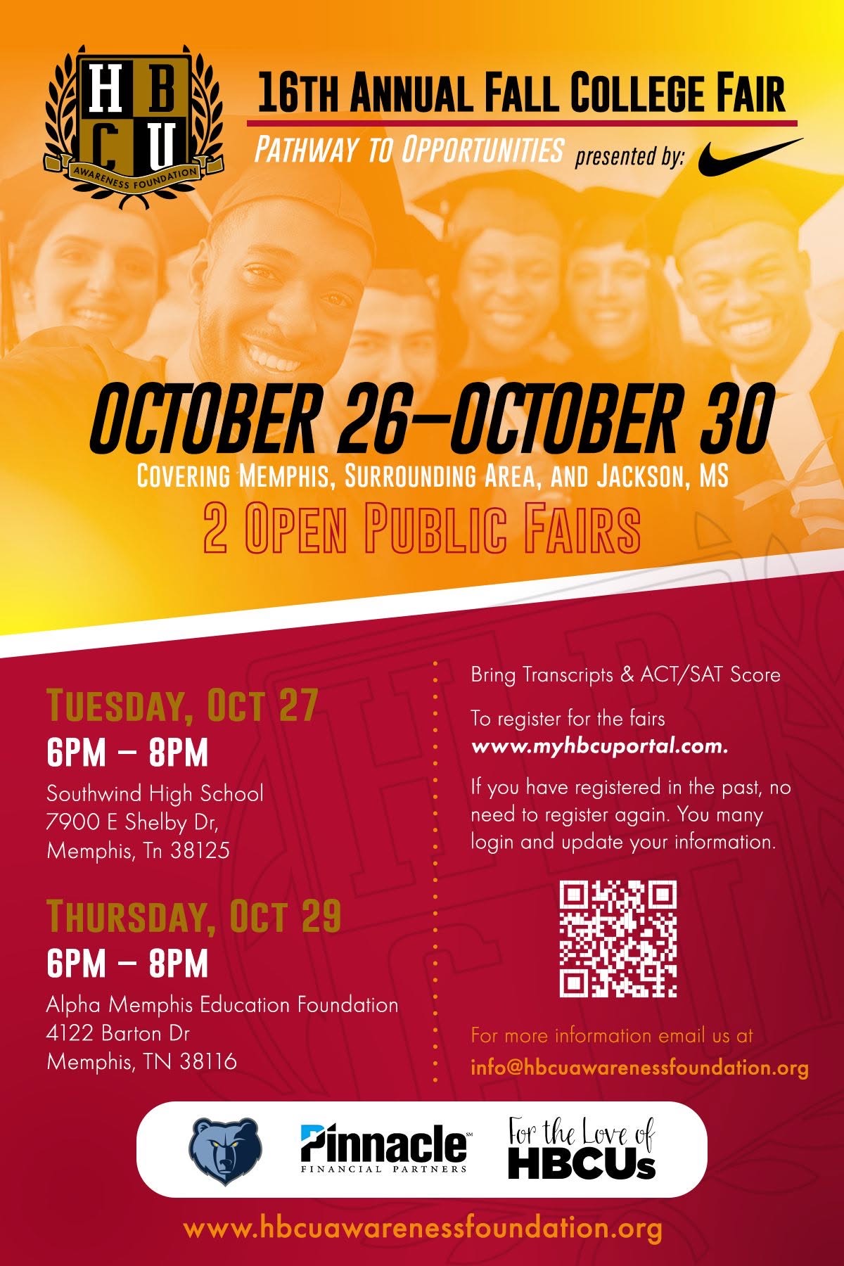 Flyer for the HBCU Awareness Foundation 16th Annual Fall College Fair, Oct 26-30, with open public fairs Tue Oct 27 at Southwind High School and Thu Oct 29 at Alpha Memphis Education Foundation, 6-8PM